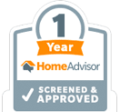 HomeAdvisor badge indicating 1 year of being screened and approved, symbolizing trust and reliability for Second Opinion Plumbing's services.