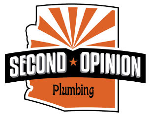 Second Opinion Plumbing logo featuring Arizona outline, sunburst design, and bold text.