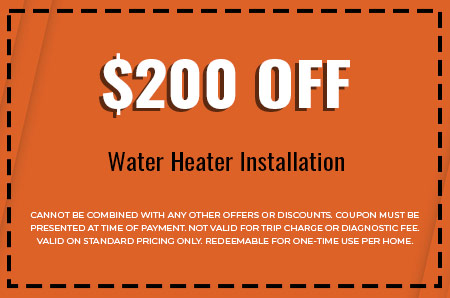 $200 off coupon for water heater installation, highlighting plumbing service discount, terms and conditions included.